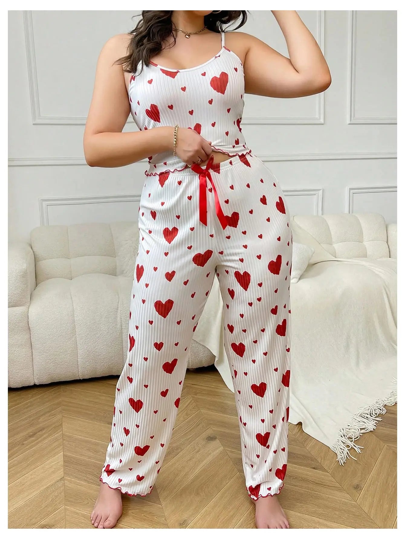 Conjunto de pijamas de talla grande para mujer, chaleco y pantalones sin mangas de 2 piezas, ropa de dormir blanca suave y transpirable, ropa de dormir informal con estampado de corazón rojo