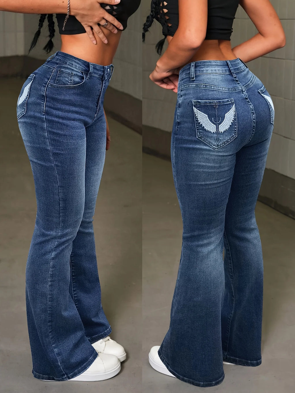 Y2k-pantalones vaqueros informales elásticos de cintura alta con alas bordadas y pierna acampanada para mujer, Vaqueros ajustados con bolsillo Retro sexys para Festival