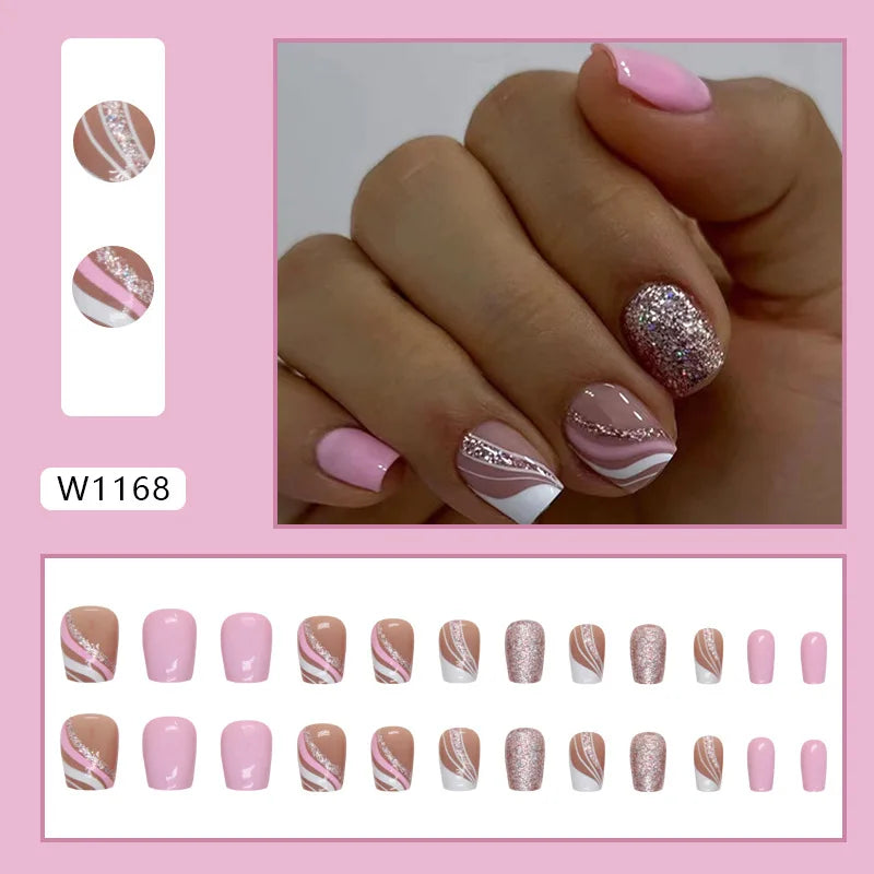 Dulce francés 24 Uds. De uñas postizas degradadas rosas, manicura de dedos artificiales brillantes, uñas postizas reutilizables para mujeres
