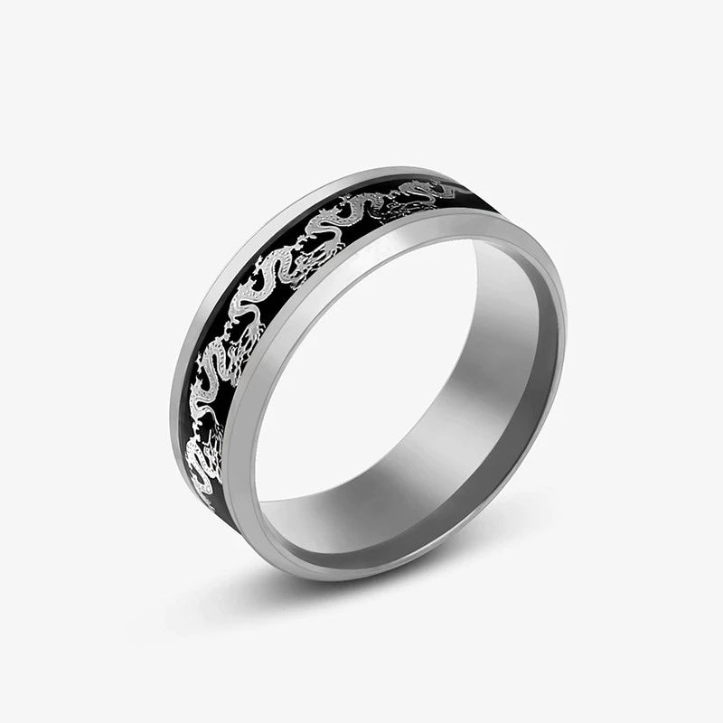 Anillos con diseño de dragón dominante de acero inoxidable de 8mm para hombres y mujeres, anillo Punk con incrustaciones de fibra de carbono azul, bagues pour femme