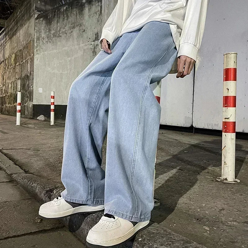 Ropa de calle de estilo coreano, nueva moda, pantalones vaqueros informales holgados para hombre, pantalones vaqueros Harajuku de calle alta, pantalones de marca para hombre, negro, gris y azul