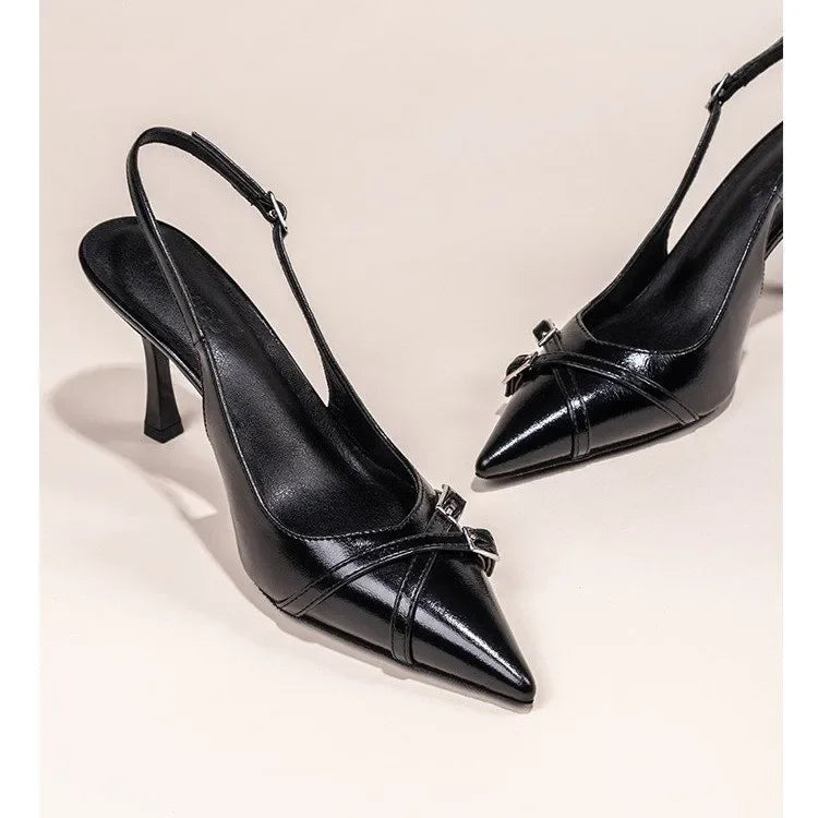Nuevos zapatos de tacón alto con punta estrecha a la moda, zapatos de tacón alto con hebilla elegante decorada, zapatos de mujer negros de aguja NO: 602