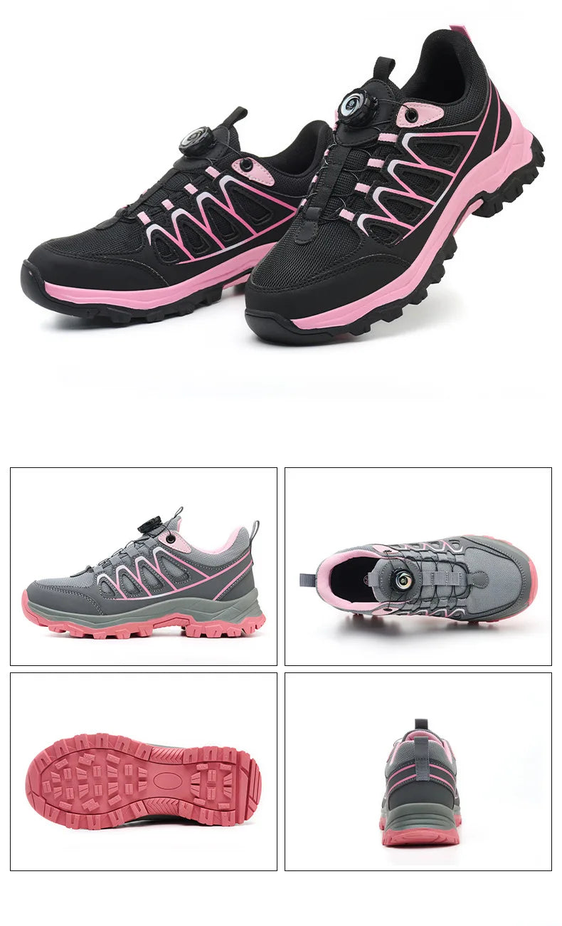 Zapatos de seguridad para el trabajo para mujer, zapatillas de trabajo con punta de acero, botón giratorio, transpirables, antideslizantes, protección a prueba de pinchazos, botas de seguridad rosas