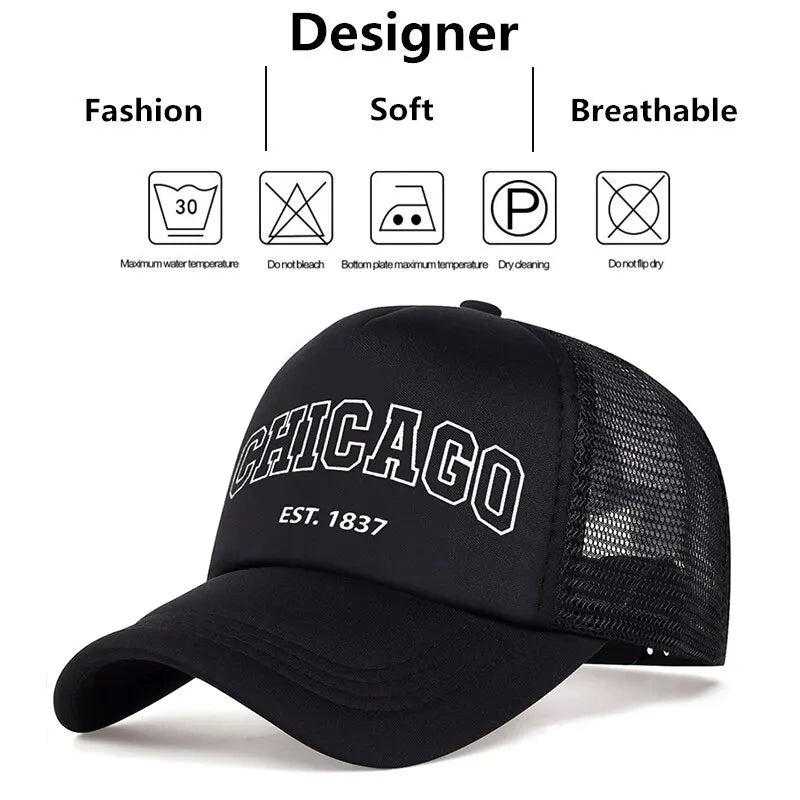 Gorra de béisbol de malla de verano para hombre, gorra Snapback con letras Chicago para deportes al aire libre para mujer, gorras transpirables Unisex, gorras de camionero de Hip Hop