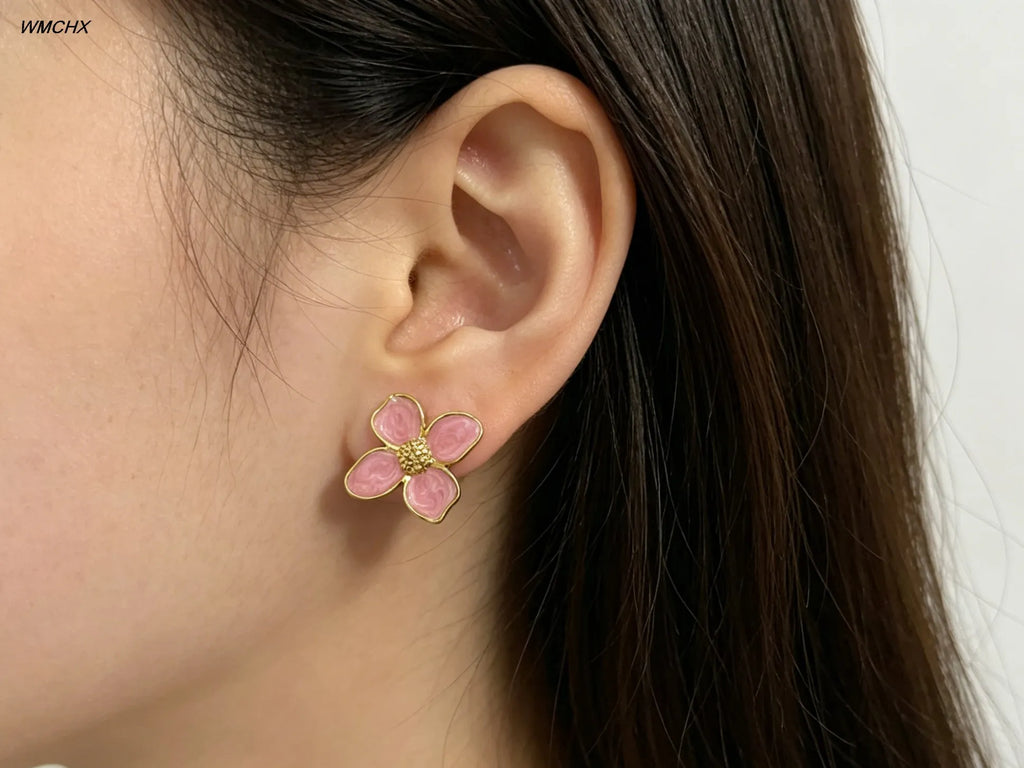 Pendientes de Alta Gama con Diseño Dulce y Moderno, Esmalte Azul y Rosa, Flores, Primavera/Verano, Regalos para Mujeres, Joyería