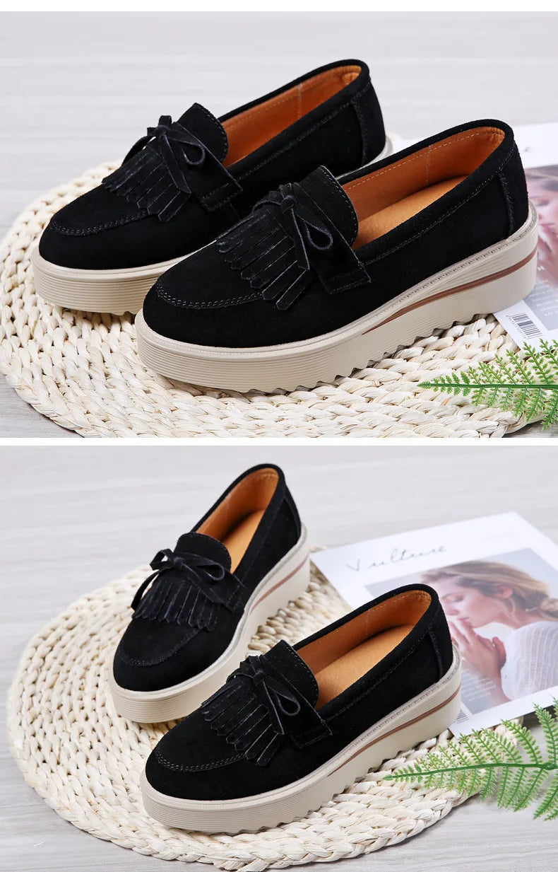 WOIZGIC, zapatos de piel de ante vacuno para mujer, zapatos planos con plataforma y flecos antideslizantes para otoño, zapatos vulcanizados Nowknot