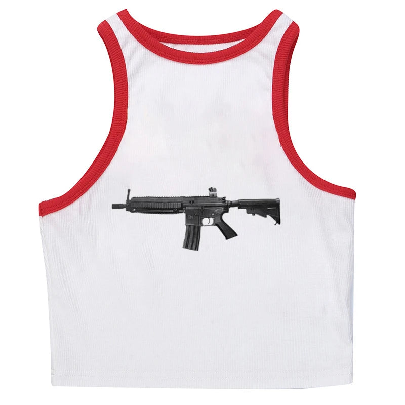 Rock Gothic Y2k Lace Tank Top Gun Harajuku Graphic Print Streetwear Sleeveless Top Punk Retro Sling Spicy Girls Hip Hop Crop top