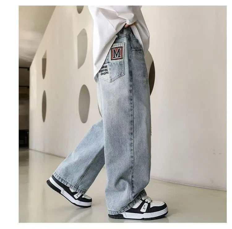 Pantalones vaqueros cálidos de invierno para niños, nuevo estilo, pantalones vaqueros holgados de pierna recta de marca a la moda para adolescentes y niños, pantalones sueltos para niños