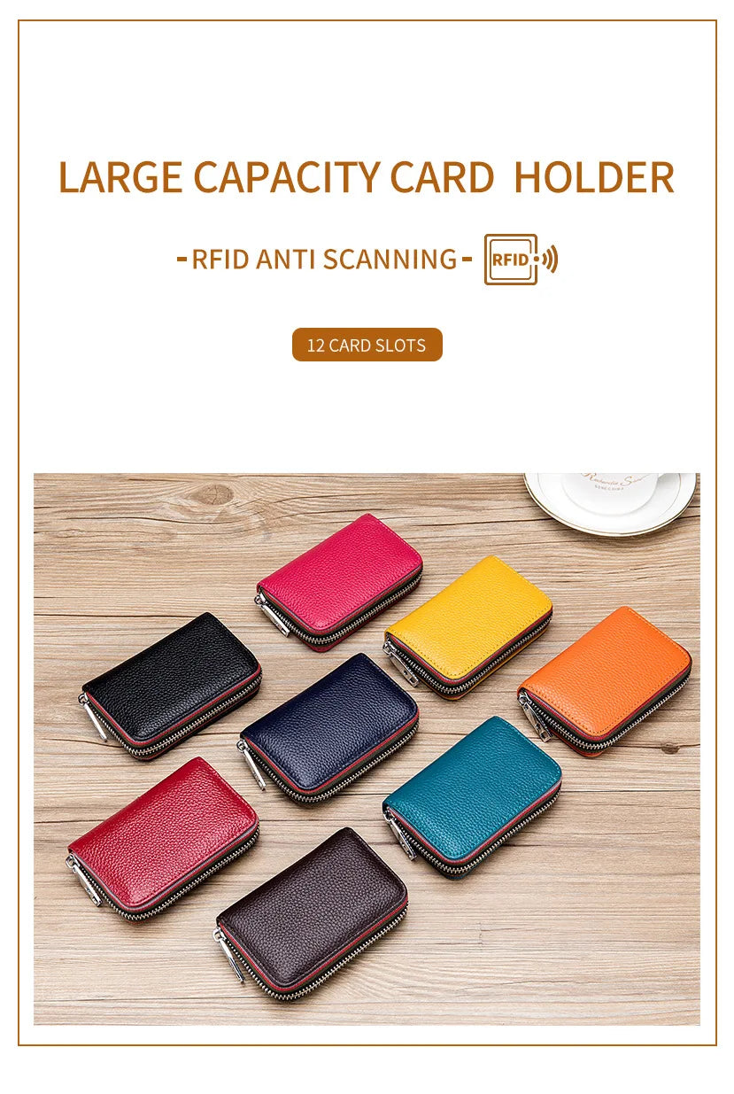Tarjetero de cuero genuino para hombre y mujer, cartera pequeña con cremallera, monedero sólido, diseño de acordeón, identificación Rfid, bolsas para tarjetas de crédito comerciales