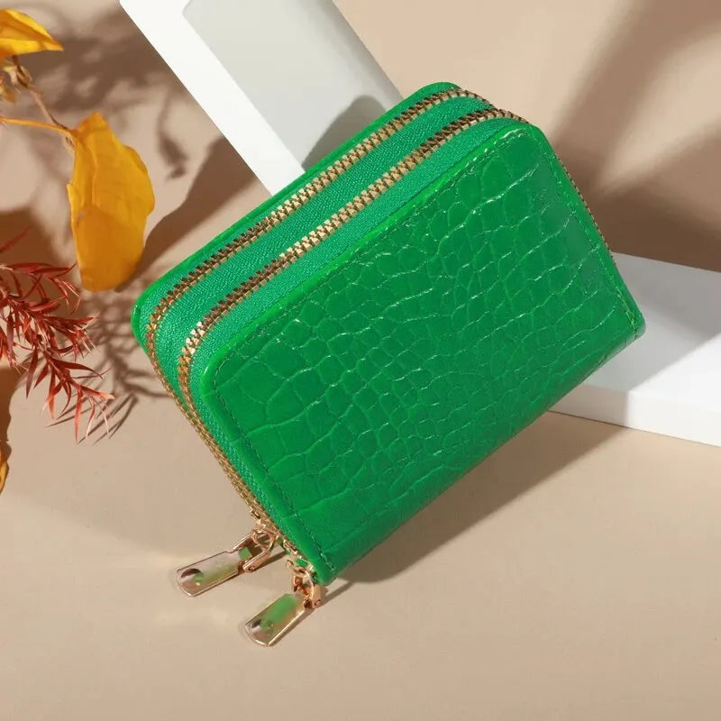 Cartera elegante para mujer con múltiples tarjetas: bolso de mano seguro con doble cremallera |   Monedero casual de cuero PU con bolso de tarjeta de cocodrilo de almacenamiento de estilo