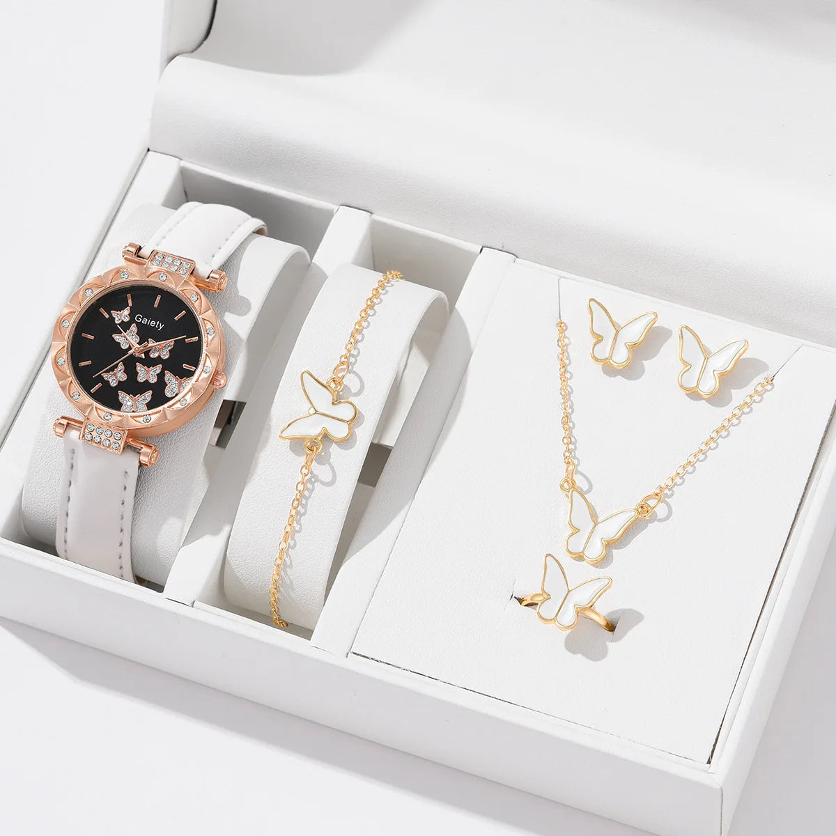 Conjunto de joyería de mariposa (sin caja), relojes para mujer, relojes de cuero para mujer, anillos, collar, pendientes, pulsera, regalo de boda