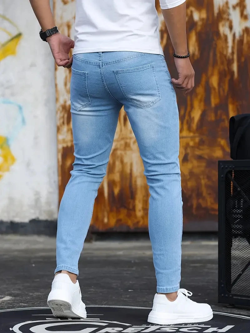 Pantalones de hombre Retro lavado cremallera pantalones vaqueros elásticos Casual pantalones ajustados pantalones de tubo de talla grande para hombre pantalones vaqueros ajustados de mezclilla para hombres