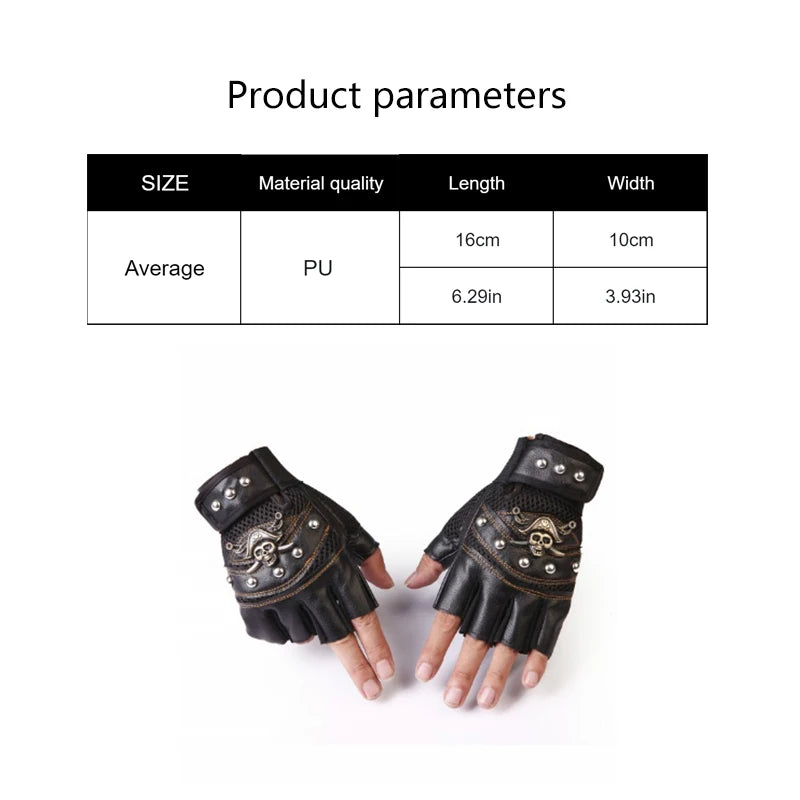 Guantes sin dedos de cuero PU de capitán pirata para hombre y mujer, manoplas con remaches de calaveras, guantes de gimnasio de Hip Hop, guantes de medio dedo para Moto femenina