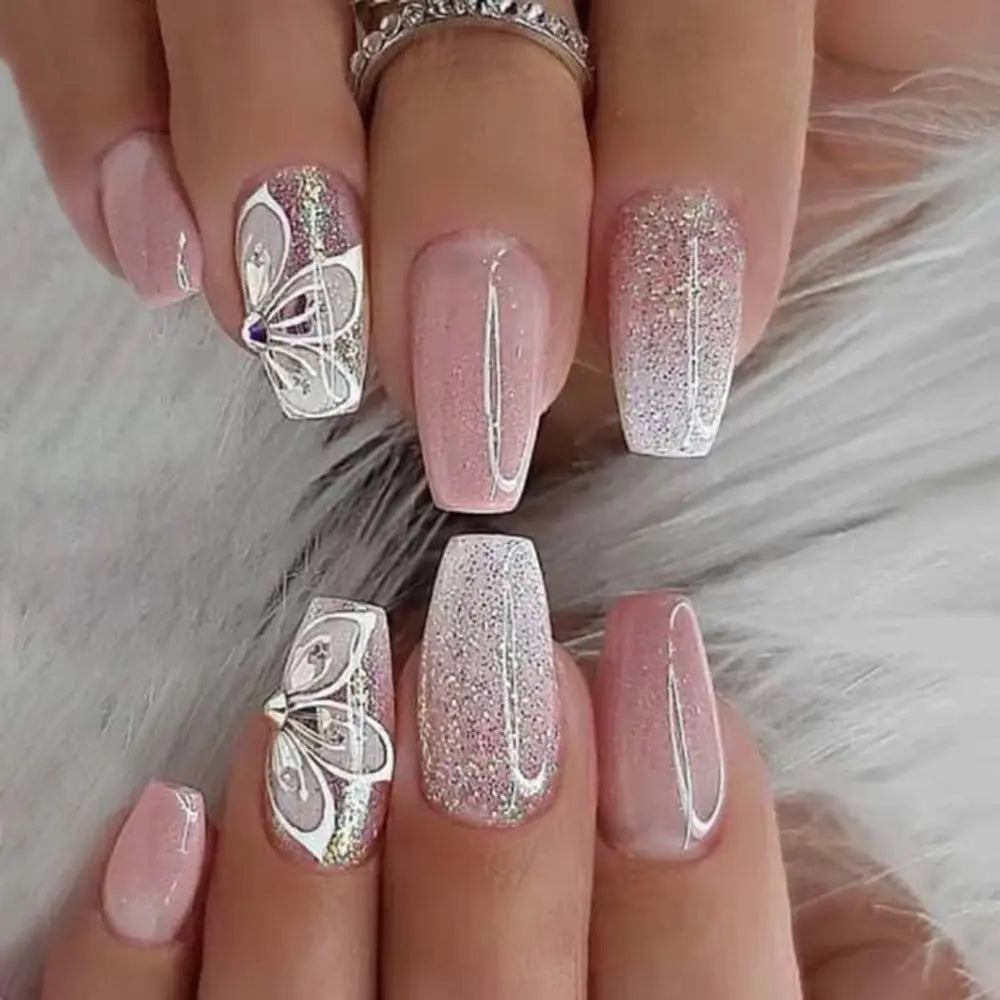 24 Uñas Postizas Degradadas Francesas Estilo Bailarina, Resistentes al Agua, Forma Ataúd Mediano, Uñas Falsas, Puntas de Uñas a Presión
