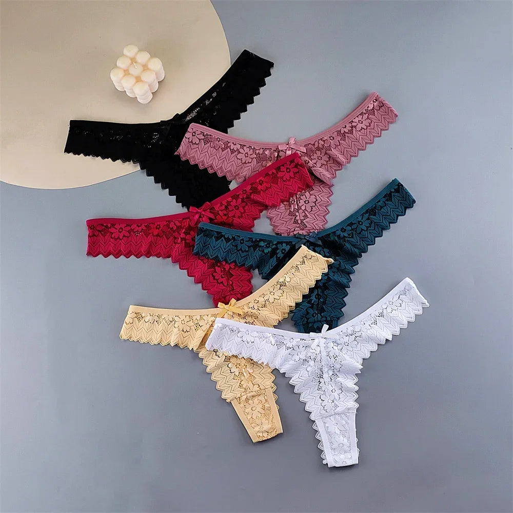 Paquete de 3 tangas de encaje para mujer, ropa interior transparente de cintura media, bragas femeninas con volantes, tallas grandes