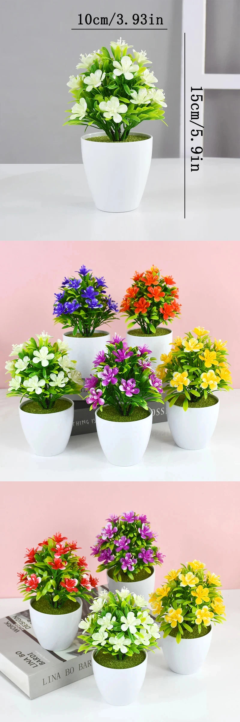 Flores Artificiales de Ciruelo de Cinco Hojas, Plantas Pequeñas en Maceta, Aptas para Interiores y Exteriores, Ideales para Decoración del Hogar y Bodas