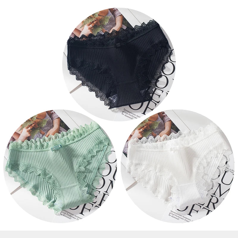 Bragas de algodón para mujer, bragas de encaje sexis, bragas de Color sólido para niñas, juego de ropa interior, ropa interior, Dropshipping 3 unids/lote