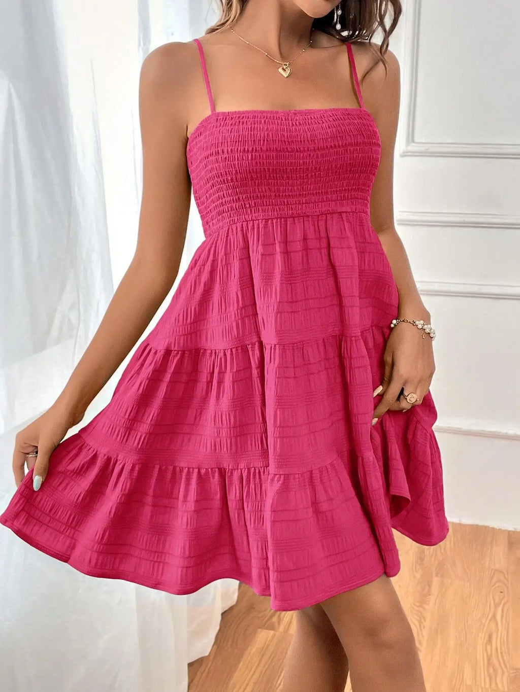 Minivestido con corpiño ahumado y tirantes finos para mujer, vestido azul con volantes escalonados, ropa informal de verano para vacaciones y playa