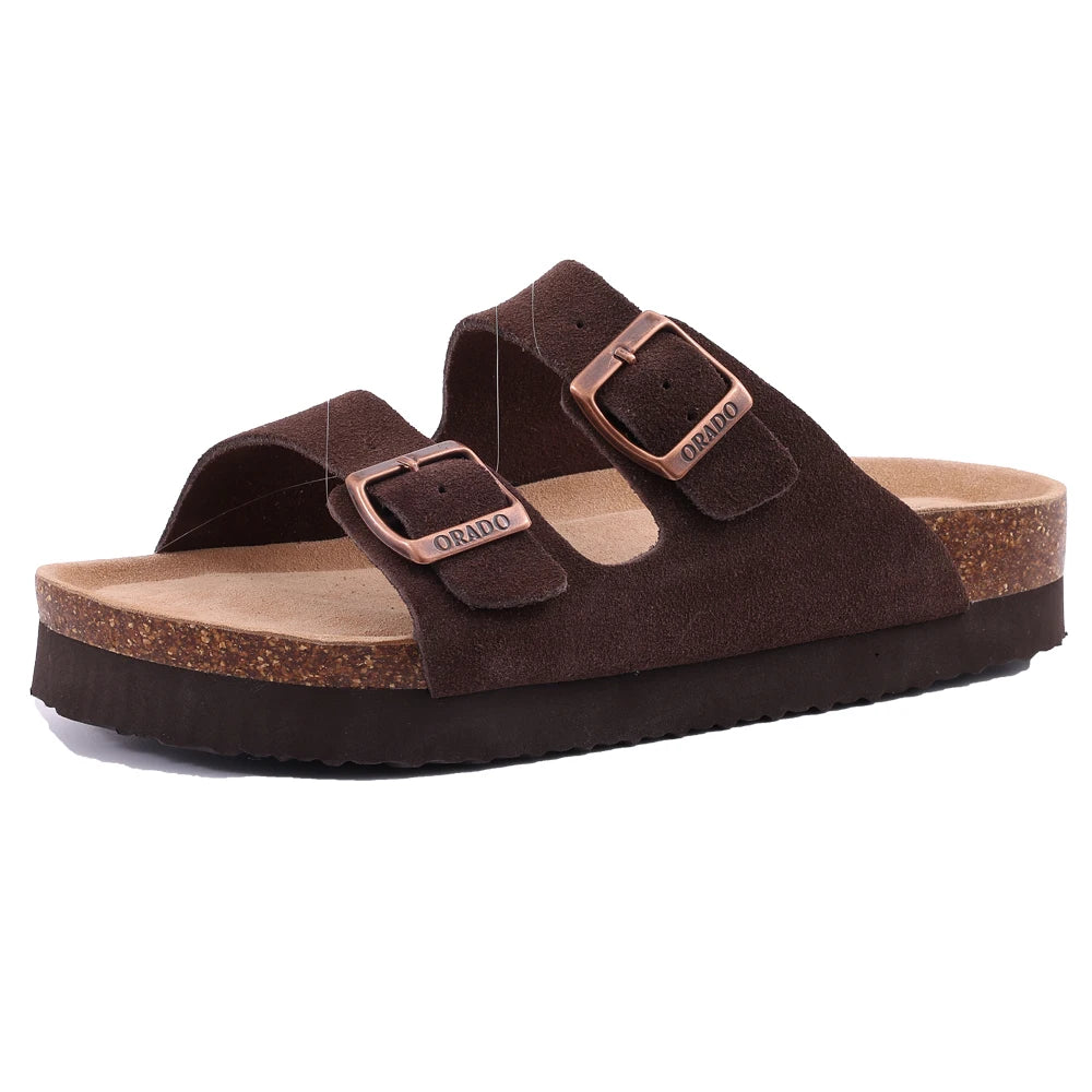 Comwarm Zapatillas tipo zuecos de ante para mujer, mulas de cuero, zapatillas planas clásicas de corcho para hombre, sandalias con reposapiés de corcho para exteriores con soporte para arco