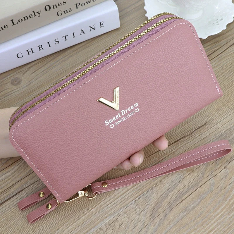 Cartera larga con doble cremallera para mujer, tarjetero de gran capacidad de cuero PU, bolso de mano con bolsillo para teléfono