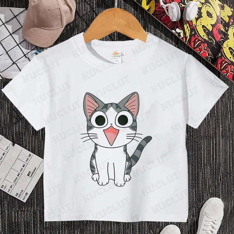 Camiseta con estampado de gato para niños y niñas, camiseta de dibujos animados, camiseta informal de manga corta, ropa cómoda y divertida para verano