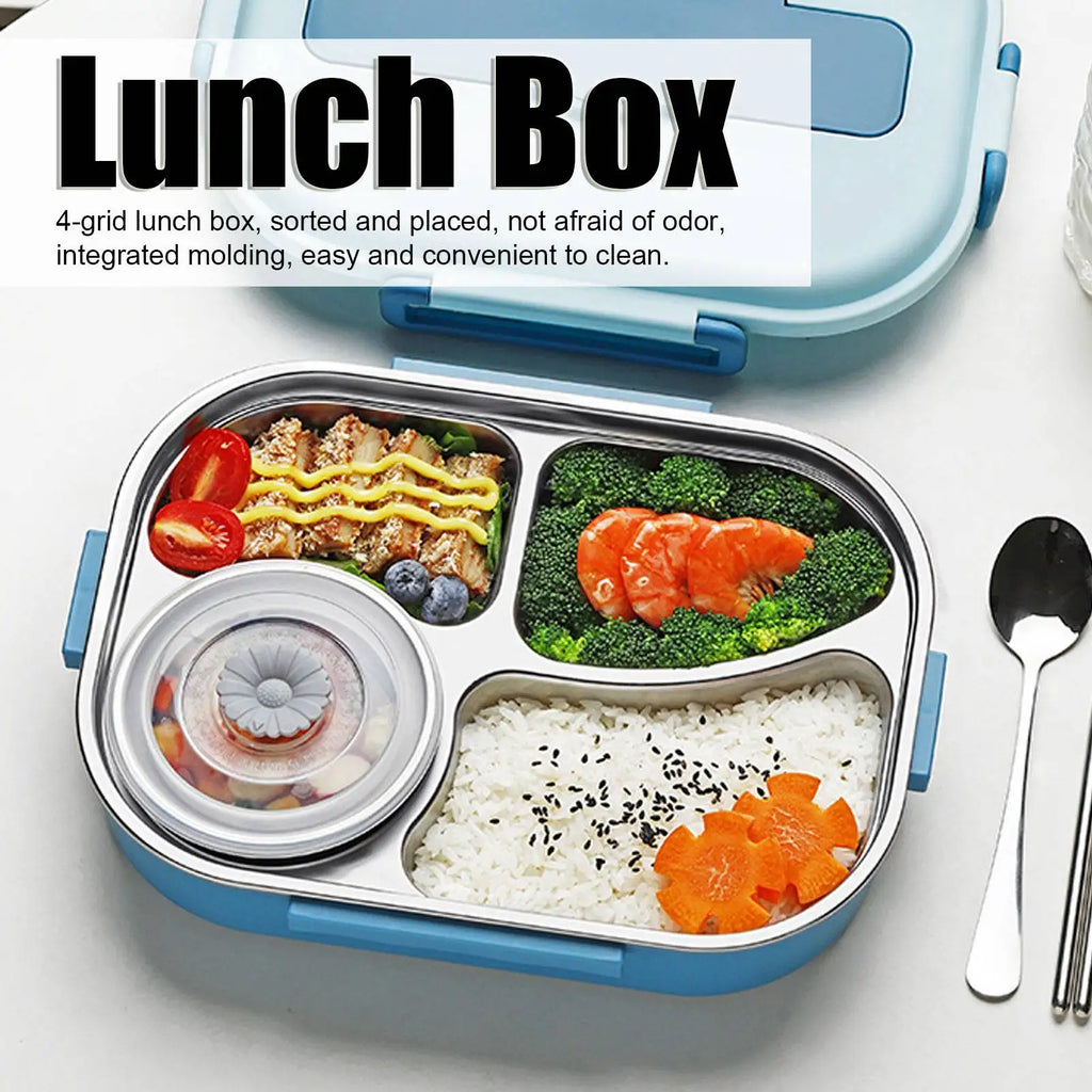Fiambrera de acero inoxidable para estudiantes y adultos, contenedor de almacenamiento de alimentos, caja Bento portátil de 4 compartimentos