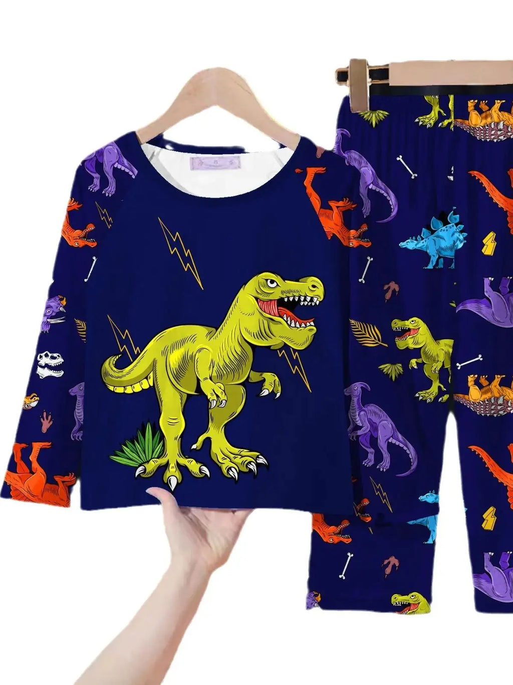 Pijamas con estampado de dinosaurio para niños, conjunto de pantalones de manga larga, ropa de casa de seda de leche, 2 piezas, Moda de Primavera, ropa informal fresca para bebés, nuevo, otoño