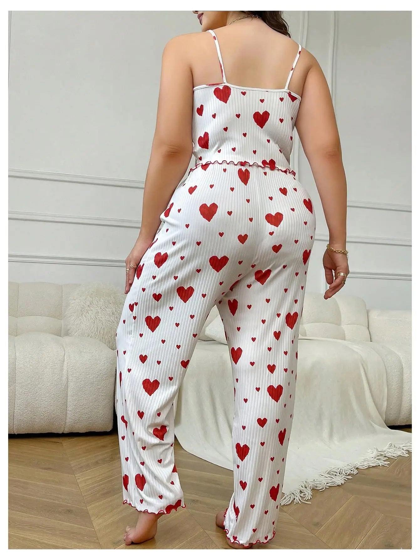Conjunto de pijamas de talla grande para mujer, chaleco y pantalones sin mangas de 2 piezas, ropa de dormir blanca suave y transpirable, ropa de dormir informal con estampado de corazón rojo