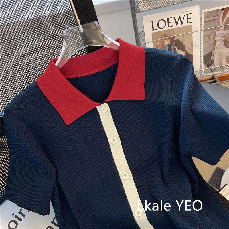 Primavera Verano 2025 diseño Sense Polo cuello mujer camiseta Casual cómoda Color contrastante Be All-match señoras Top de punto