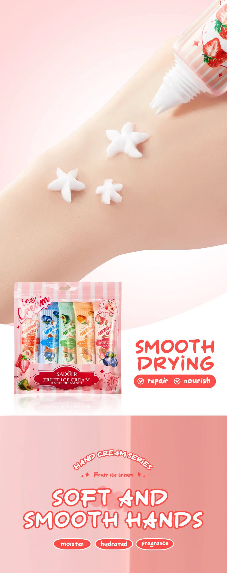 5 unids/set SADOER helado de frutas crema de manos hidratante nutritivo brillo cremas de manos hidratantes productos para el cuidado de la piel