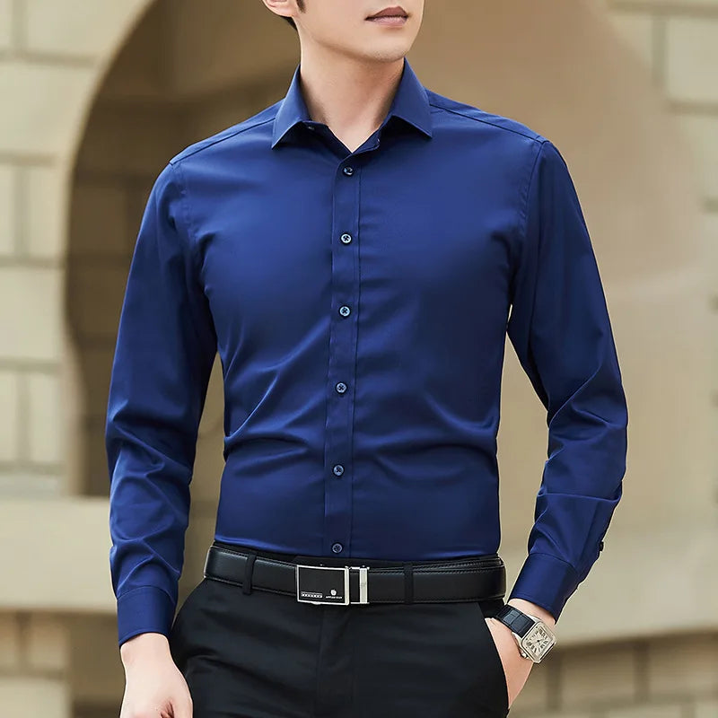 Nueva camisa de negocios de Color sólido de talla grande para hombre, camisa de manga larga blanca ajustada informal básica clásica a la moda, ropa de marca