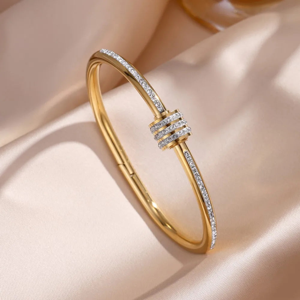 Pulsera apilable de acero de titanio para parejas, brazaletes de acero inoxidable con circonitas brillantes, color dorado, regalo de joyería para mujer