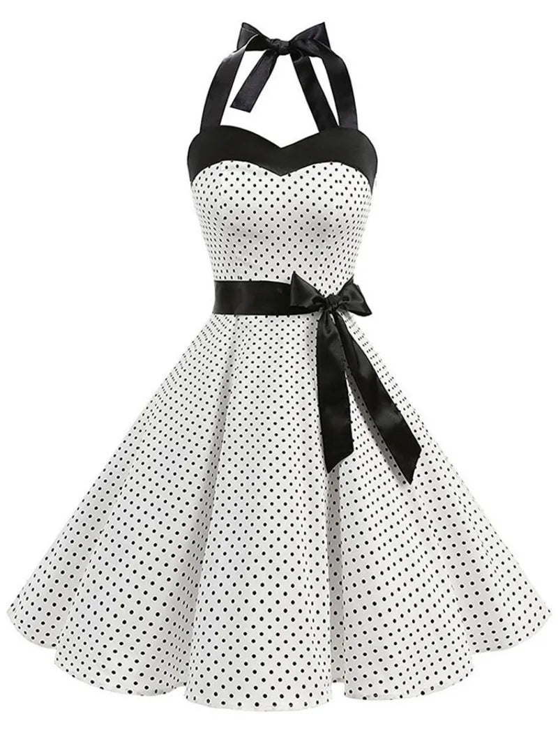 Elegante Vestido de Mujer con Estampado de Puntos, Estilo Hepburn de los Años 50 y 60, Vestido Vintage Sexy con Cuello Halter, Estilo Rockabilly Retro para Fiesta u Oficina, Vestido Pinup 2026