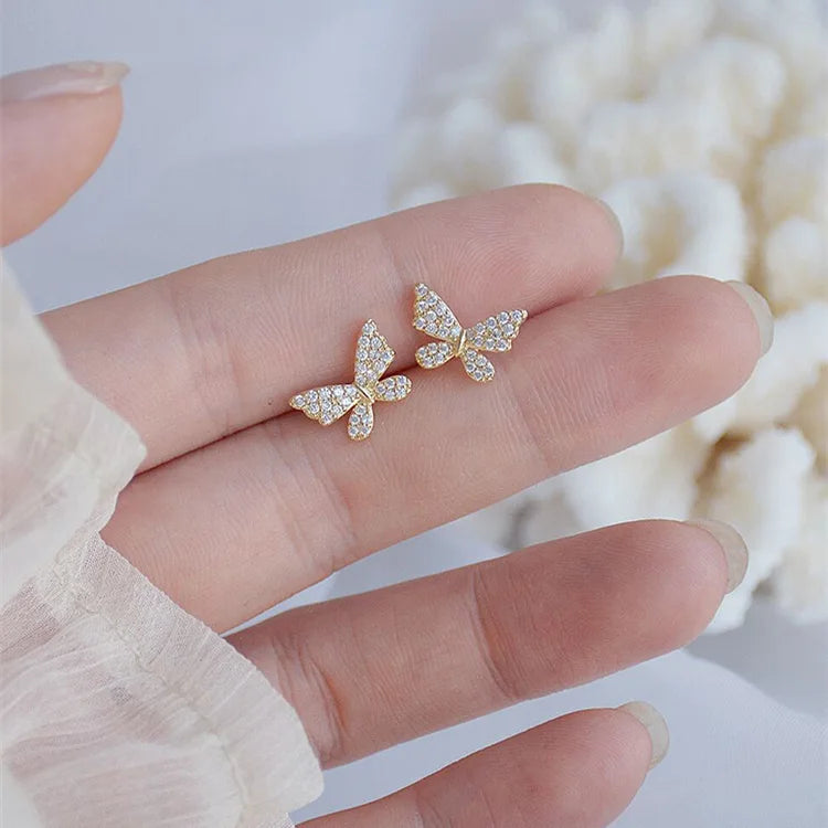 Pendientes de tuerca de mariposa con diamantes de imitación para mujer y niña, joyería de cadena de Metal, regalos