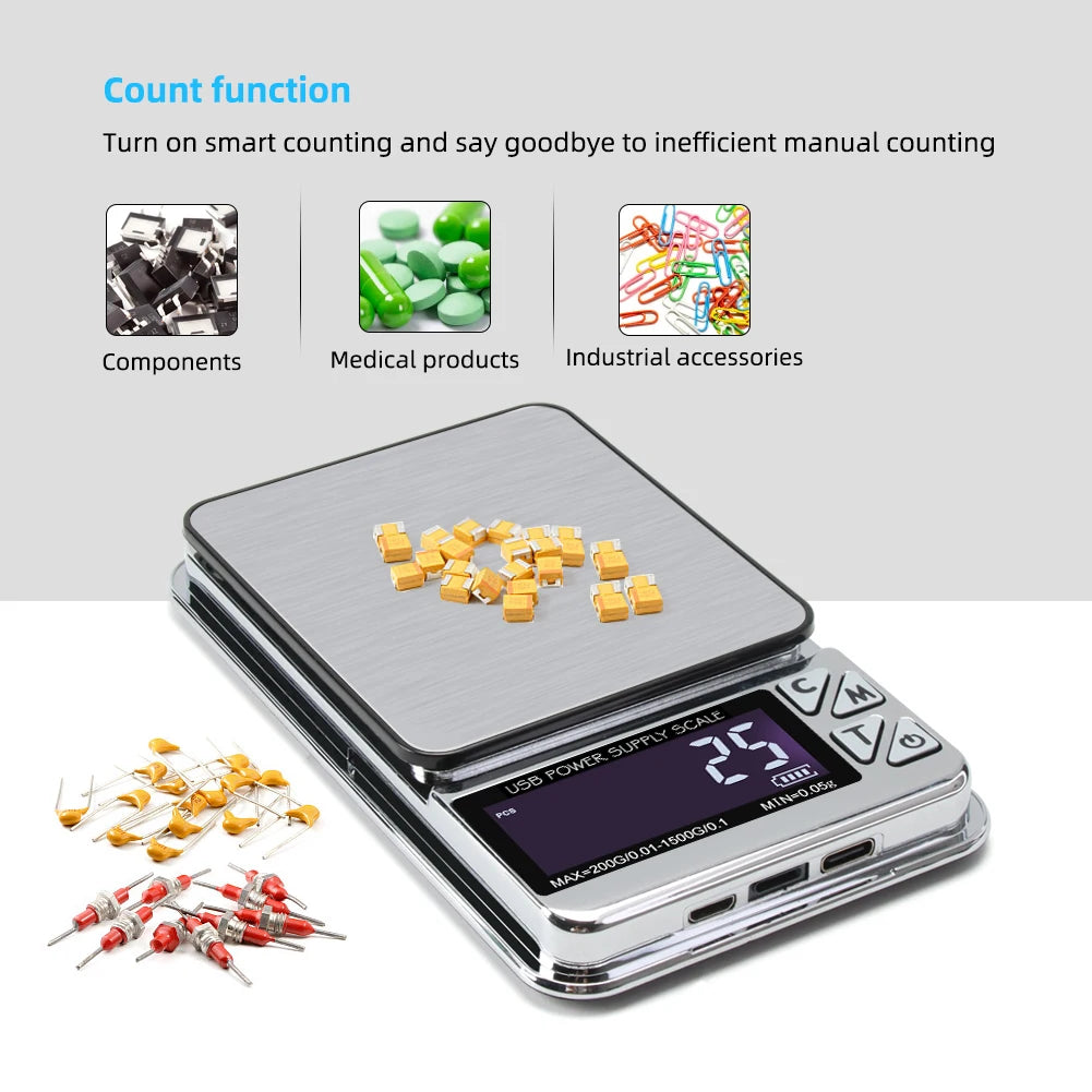 Báscula Digital para joyería, alta precisión, 200g/1000g x 0,01g, precisión, conteo inteligente, balanza de alimentos con gemas, báscula de bolsillo para cocina, carga USB