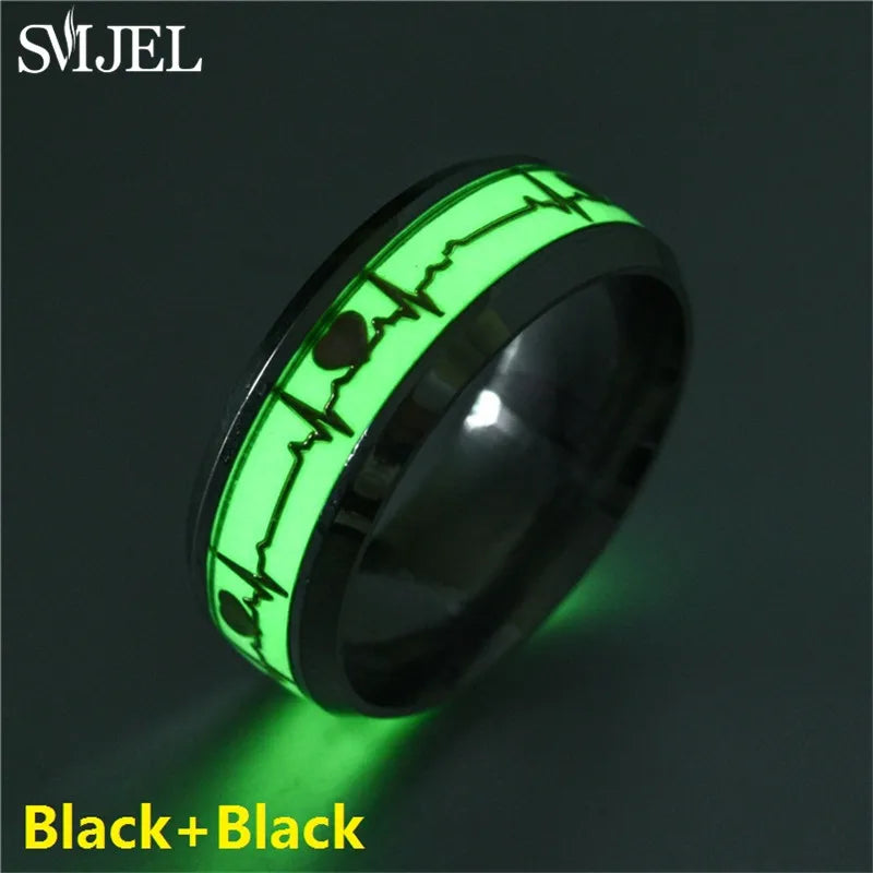 SMJEL, anillo luminoso de latido del corazón a la moda para mujeres y hombres, anillos fluorescentes, anillo de pareja de acero inoxidable que brilla en la oscuridad, regalo de joyería