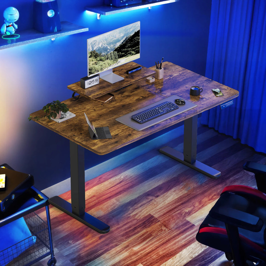 Devoko Escritorio eléctrico de altura ajustable 120 × 60 cm con soporte para monitor Asiento ergonómico Escritorio de pie (blanco)