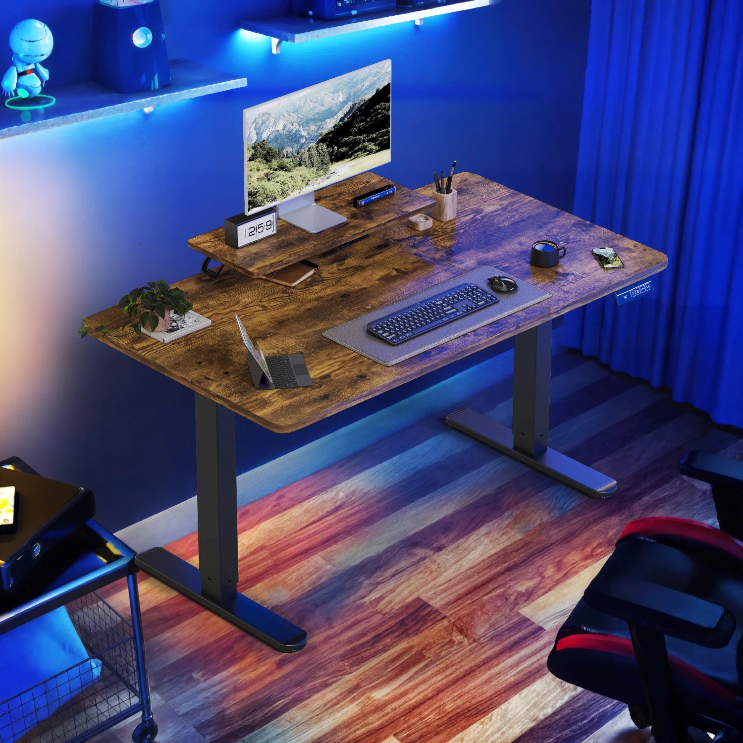 Devoko Escritorio eléctrico de altura ajustable 120 × 60 cm con soporte para monitor Asiento ergonómico Escritorio de pie (blanco)