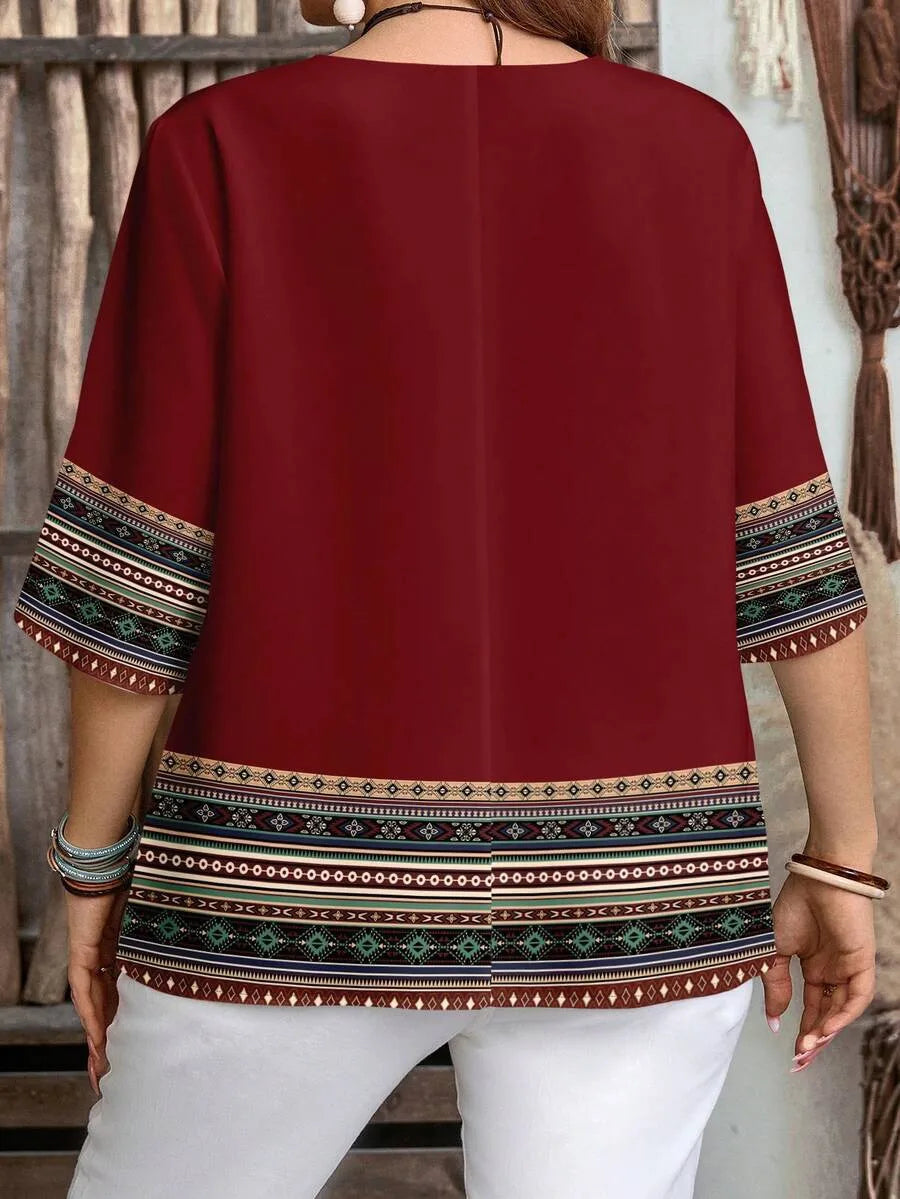 Camisa de manga corta de ocio con botón frontal y patrón retro para mujer de talla grande primavera/verano/otoño traje esencial de verano