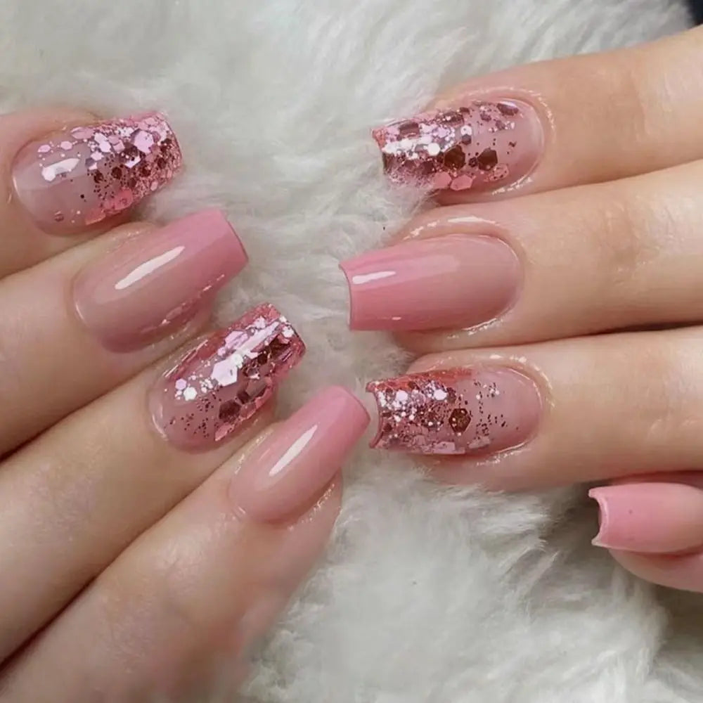 24 Uñas Postizas Degradadas Francesas Estilo Bailarina, Resistentes al Agua, Forma Ataúd Mediano, Uñas Falsas, Puntas de Uñas a Presión