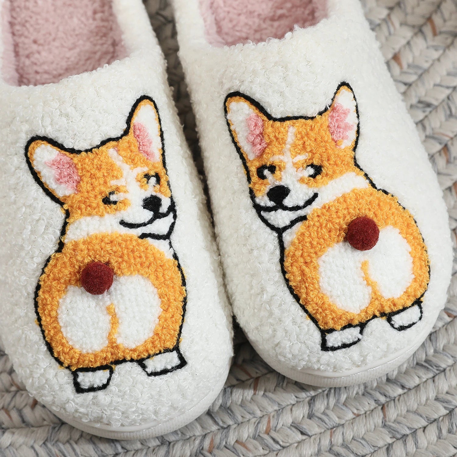 Pantuflas de algodón afelpadas y cómodas con suela gruesa, bordadas con patrón de perro Corgi, cálidas, antideslizantes, para interiores, regalo para amantes de los perros, unisex