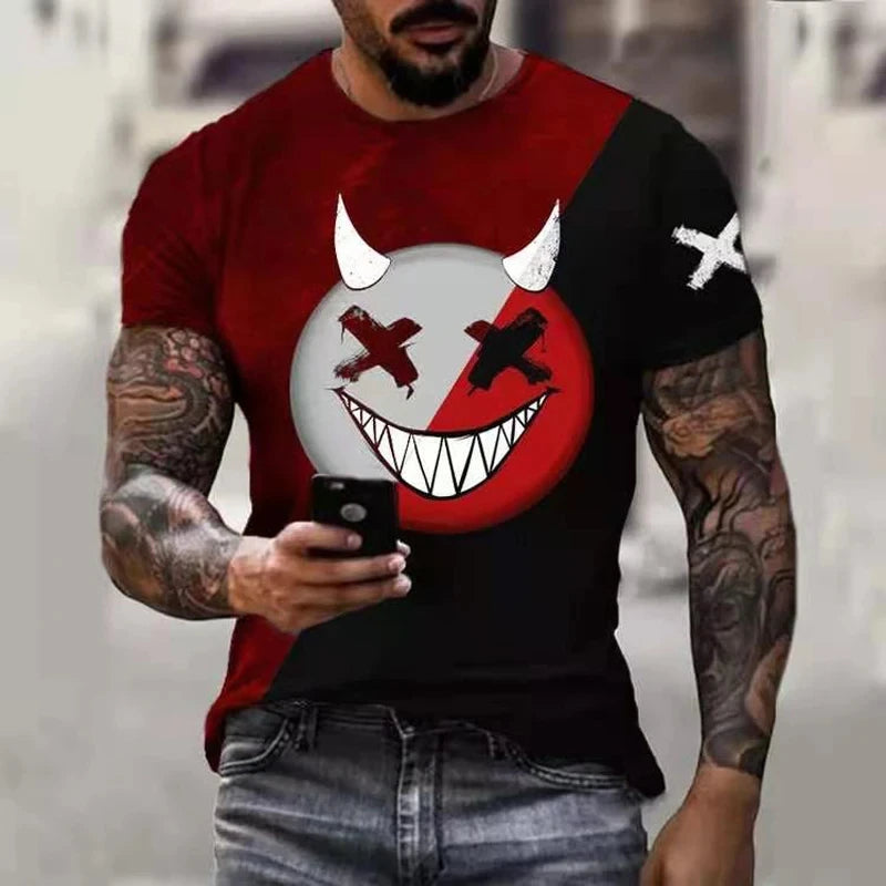 Camiseta de gran tamaño para hombre, pantalón corto informal de manga Hip Hop con estampado de cara sonriente, camiseta de talla grande, Jersey, camiseta para hombre 2024