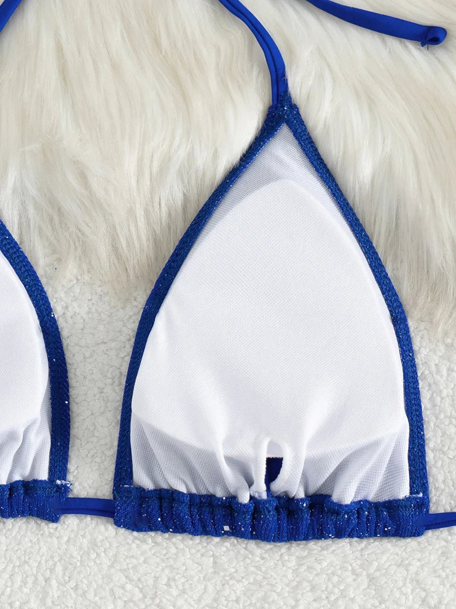 Bikini brillante con tiras y cuello Halter, Bikinis de corte alto para mujer, traje de baño para mujer, conjunto de Bikini de dos piezas, traje de baño 2025
