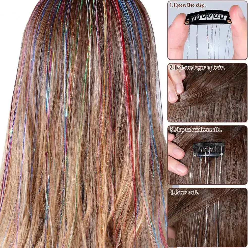 6 uds 50cm chispeantes pelo brillante oropel extensiones de cabello oropel extensiones de Clip de pelo sintético mujeres para tocado trenzado