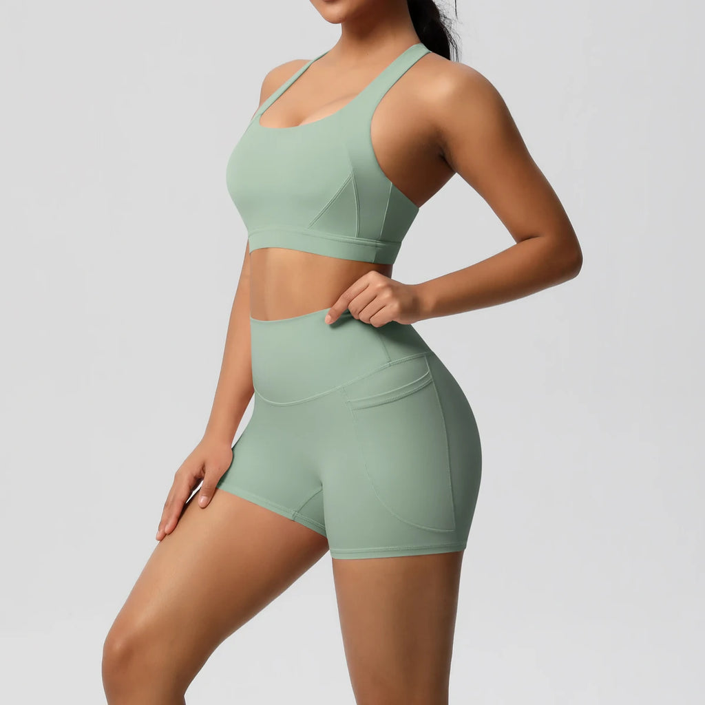 Ropa deportiva con bolsillo para mujer, conjunto de Yoga, ropa de gimnasio, trajes de Yoga para mujer, chándales, pantalones cortos deportivos, sujetador cruzado, mallas de gimnasio, 2 uds.