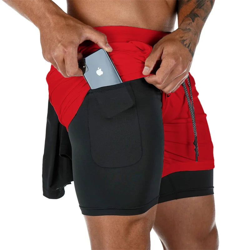 Pantalones cortos deportivos de doble capa para hombre, pantalones cortos deportivos 2 en 1 para entrenamiento de gimnasia, entrenamiento de secado rápido, trote, doble cubierta, verano
