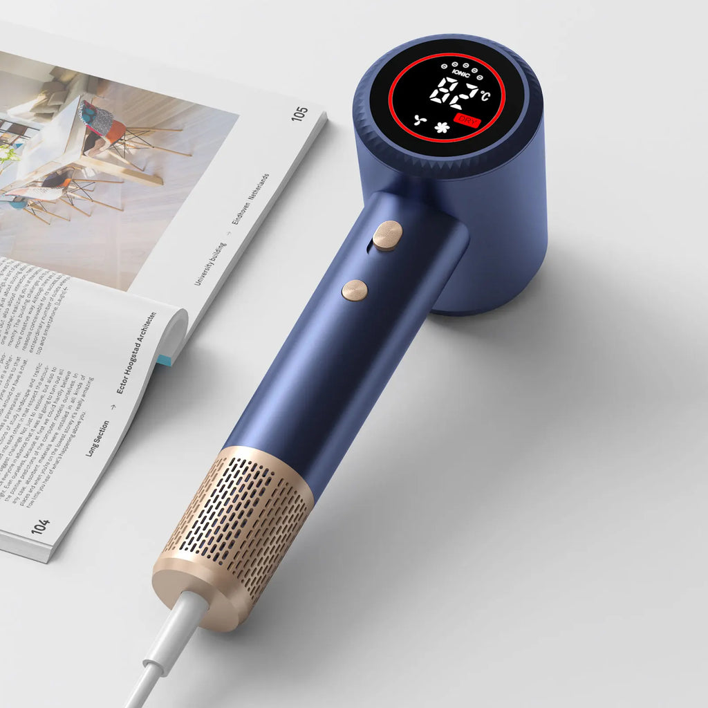 Secador de Pelo Portátil de Alta Velocidad con Iones Negativos para Uso Doméstico, Sin Aspas, Silencioso, Ligero, Cuidado del Cabello, Motor BLDC de 1500W, Pantalla Digital