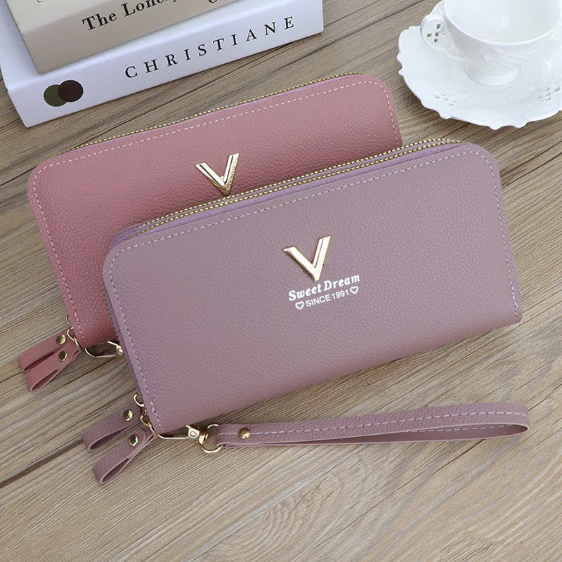 Cartera larga con doble cremallera para mujer, tarjetero de gran capacidad de cuero PU, bolso de mano con bolsillo para teléfono