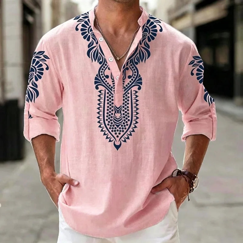 Camisa Henley de Lino para Hombre, Estilo Bohemio, Estampado Étnico Tribal, Manga 3/4, Cuello en V, Corte Holgado Informal, Blusa de Playa