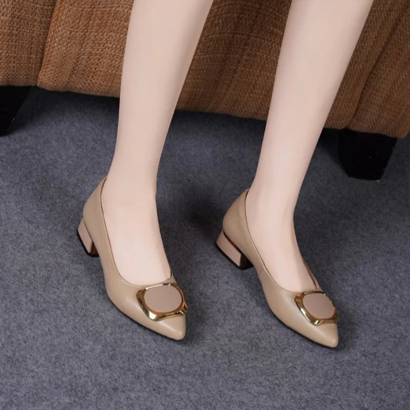 Zapatos de tacón de bloque con punta en pico para mujer, con hebilla metálica, sin cordones, para oficina, zapatos de trabajo cómodos